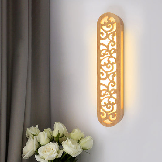 Chinese Style LED Flush Wall Sconce Beige Rectangle Wall Light Fixture with Carving Wood Shade Clearhalo 'Modern wall lights' 'Modern' 'Wall Lamps & Sconces' 'Wall Lights' Lighting' 734775
