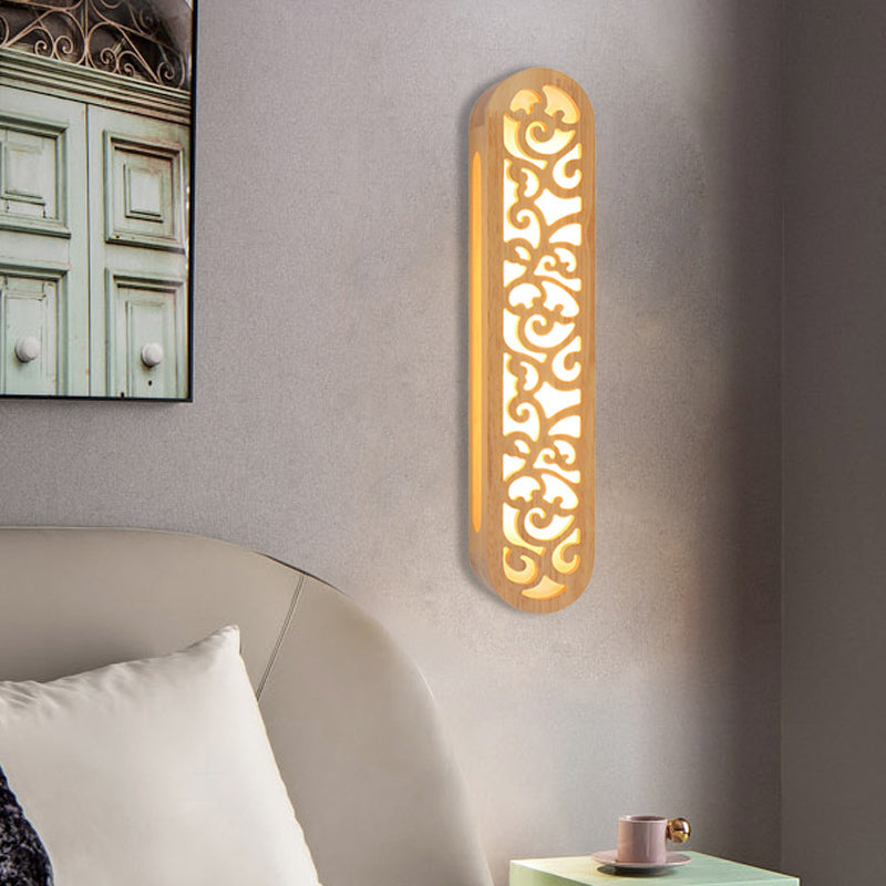 Chinese Style LED Flush Wall Sconce Beige Rectangle Wall Light Fixture with Carving Wood Shade Clearhalo 'Modern wall lights' 'Modern' 'Wall Lamps & Sconces' 'Wall Lights' Lighting' 734776