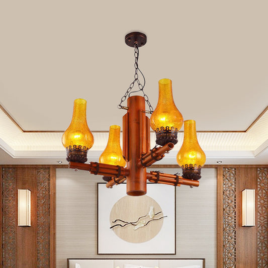 Brown 4 Heads Chandelier Light Farmhouse Yellow Crackle Glass Vase Shade Ceiling Pendant with Bamboo Arm Design Yellow Clearhalo 'Ceiling Lights' 'Chandeliers' 'Glass shade' 'Glass' 'Industrial Chandeliers' 'Industrial' 'Middle Century Chandeliers' 'Tiffany' Lighting' 734904