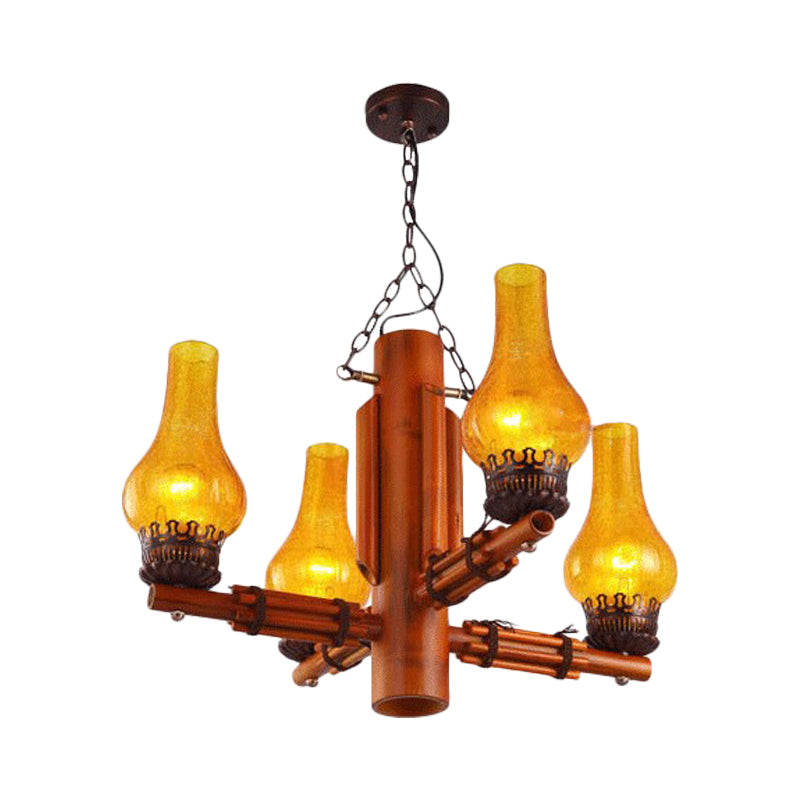 Brown 4 Heads Chandelier Light Farmhouse Yellow Crackle Glass Vase Shade Ceiling Pendant with Bamboo Arm Design Clearhalo 'Ceiling Lights' 'Chandeliers' 'Glass shade' 'Glass' 'Industrial Chandeliers' 'Industrial' 'Middle Century Chandeliers' 'Tiffany' Lighting' 734906