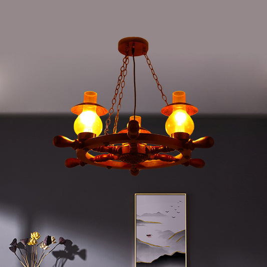 3 Heads Ceiling Chandelier Industrial Dining Room Wood Pendant Light with Vase Yellow Glass Shade Yellow Clearhalo 'Ceiling Lights' 'Chandeliers' 'Glass shade' 'Glass' 'Industrial Chandeliers' 'Industrial' 'Middle Century Chandeliers' 'Tiffany' Lighting' 734924