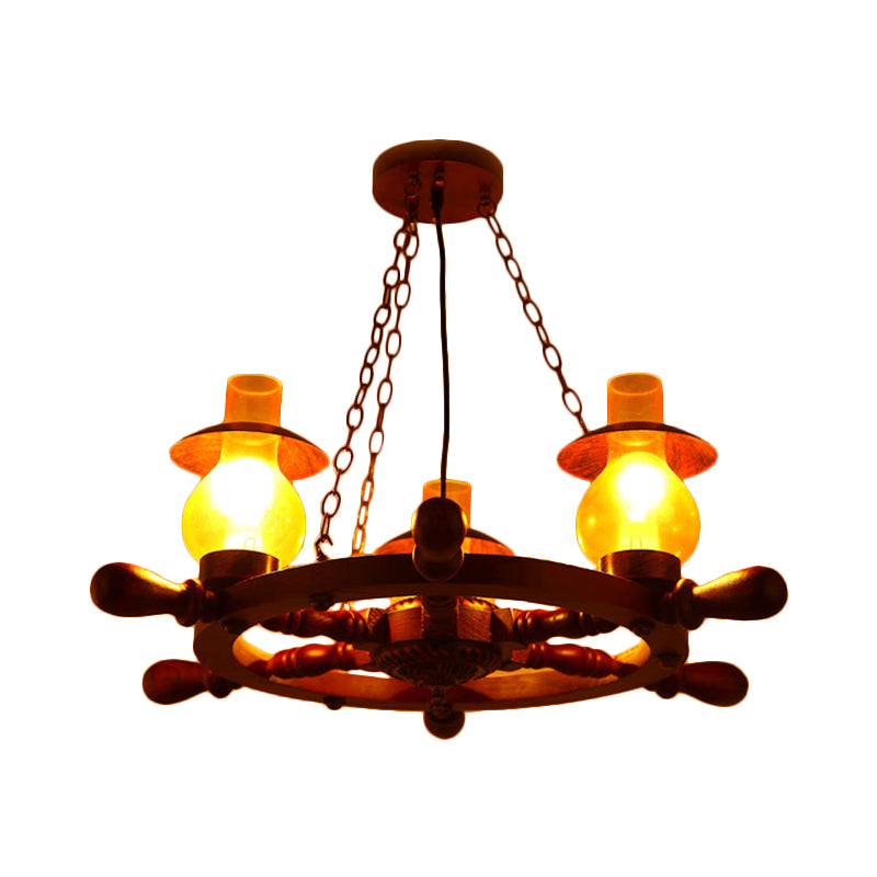 3 Heads Ceiling Chandelier Industrial Dining Room Wood Pendant Light with Vase Yellow Glass Shade Clearhalo 'Ceiling Lights' 'Chandeliers' 'Glass shade' 'Glass' 'Industrial Chandeliers' 'Industrial' 'Middle Century Chandeliers' 'Tiffany' Lighting' 734925