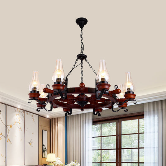 6/8-Light Drop Pendant Factory Vase Clear Glass Chandelier Light Fixture with Wood Rudder in Brown 8 Brown Clearhalo 'Ceiling Lights' 'Chandeliers' 'Glass shade' 'Glass' 'Industrial Chandeliers' 'Industrial' 'Middle Century Chandeliers' 'Tiffany' Lighting' 734932