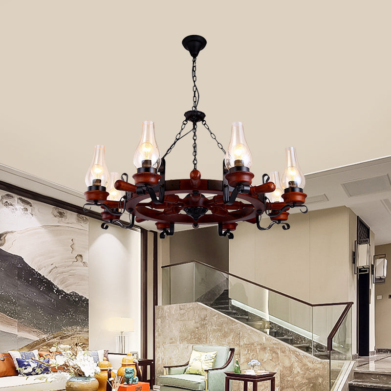 6/8-Light Drop Pendant Factory Vase Clear Glass Chandelier Light Fixture with Wood Rudder in Brown Clearhalo 'Ceiling Lights' 'Chandeliers' 'Glass shade' 'Glass' 'Industrial Chandeliers' 'Industrial' 'Middle Century Chandeliers' 'Tiffany' Lighting' 734933