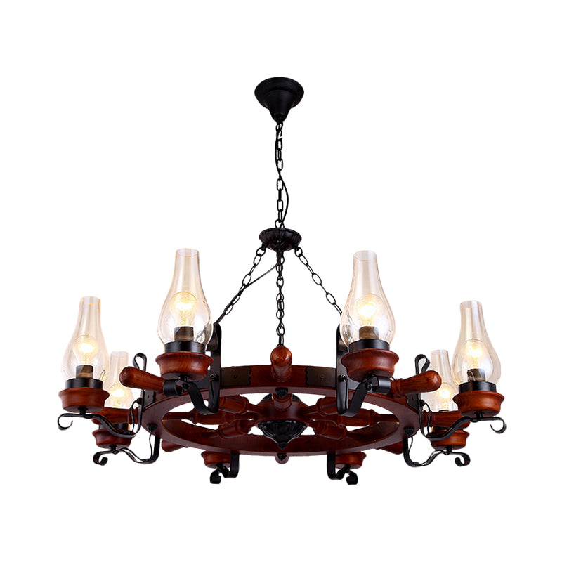 6/8-Light Drop Pendant Factory Vase Clear Glass Chandelier Light Fixture with Wood Rudder in Brown Clearhalo 'Ceiling Lights' 'Chandeliers' 'Glass shade' 'Glass' 'Industrial Chandeliers' 'Industrial' 'Middle Century Chandeliers' 'Tiffany' Lighting' 734934
