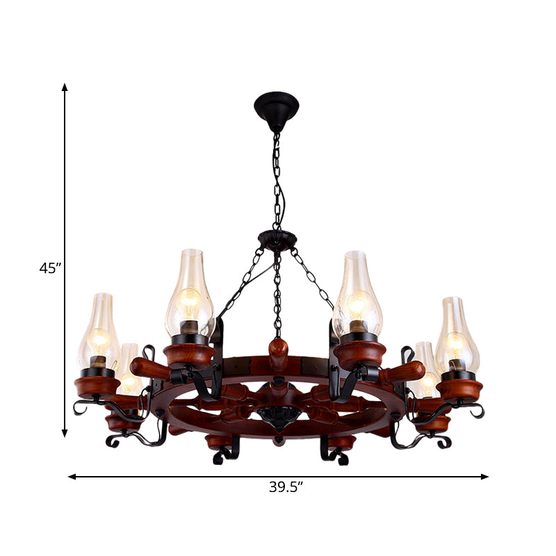6/8-Light Drop Pendant Factory Vase Clear Glass Chandelier Light Fixture with Wood Rudder in Brown Clearhalo 'Ceiling Lights' 'Chandeliers' 'Glass shade' 'Glass' 'Industrial Chandeliers' 'Industrial' 'Middle Century Chandeliers' 'Tiffany' Lighting' 734935