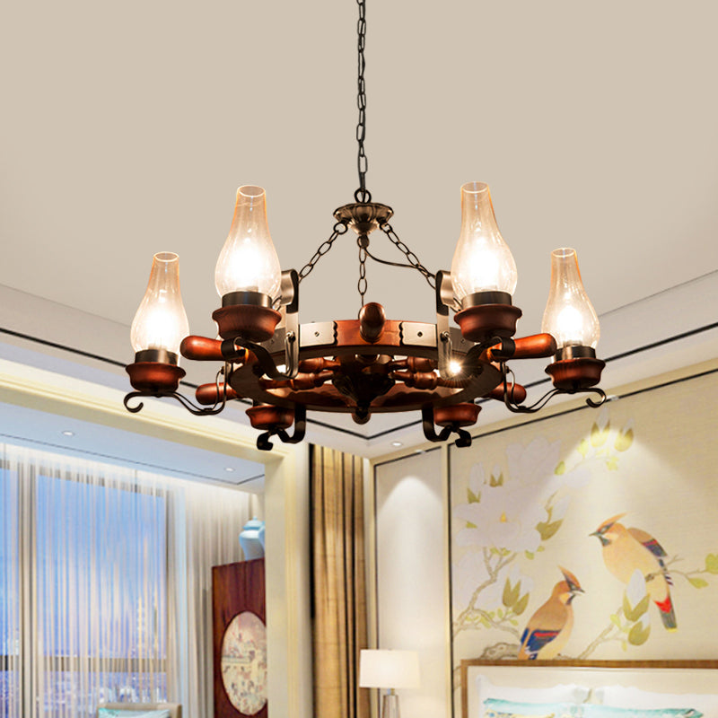 6/8-Light Drop Pendant Factory Vase Clear Glass Chandelier Light Fixture with Wood Rudder in Brown Clearhalo 'Ceiling Lights' 'Chandeliers' 'Glass shade' 'Glass' 'Industrial Chandeliers' 'Industrial' 'Middle Century Chandeliers' 'Tiffany' Lighting' 734937