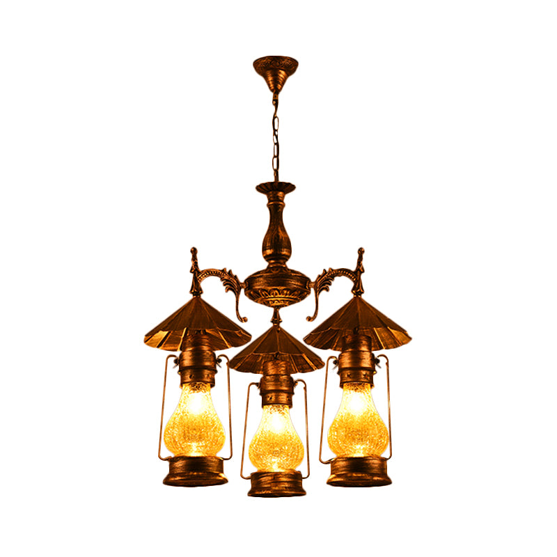 Bronze 3 Heads Pendant Chandelier Warehouse Yellow Crackle/White Glass Kerosene Hanging Ceiling Light for Restaurant Clearhalo 'Ceiling Lights' 'Chandeliers' 'Glass shade' 'Glass' 'Industrial Chandeliers' 'Industrial' 'Middle Century Chandeliers' 'Pendant Lights' 'Tiffany' Lighting' 734942