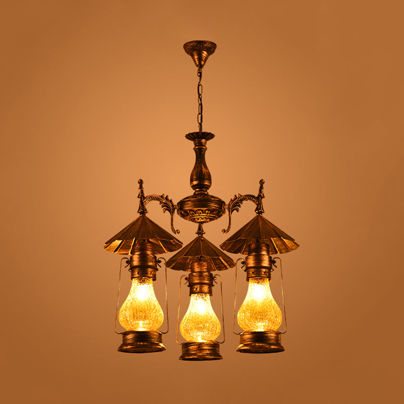 Bronze 3 Heads Pendant Chandelier Warehouse Yellow Crackle/White Glass Kerosene Hanging Ceiling Light for Restaurant Clearhalo 'Ceiling Lights' 'Chandeliers' 'Glass shade' 'Glass' 'Industrial Chandeliers' 'Industrial' 'Middle Century Chandeliers' 'Pendant Lights' 'Tiffany' Lighting' 734943