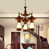 Bronze 3 Heads Pendant Chandelier Warehouse Yellow Crackle/White Glass Kerosene Hanging Ceiling Light for Restaurant Clearhalo 'Ceiling Lights' 'Chandeliers' 'Glass shade' 'Glass' 'Industrial Chandeliers' 'Industrial' 'Middle Century Chandeliers' 'Pendant Lights' 'Tiffany' Lighting' 734946