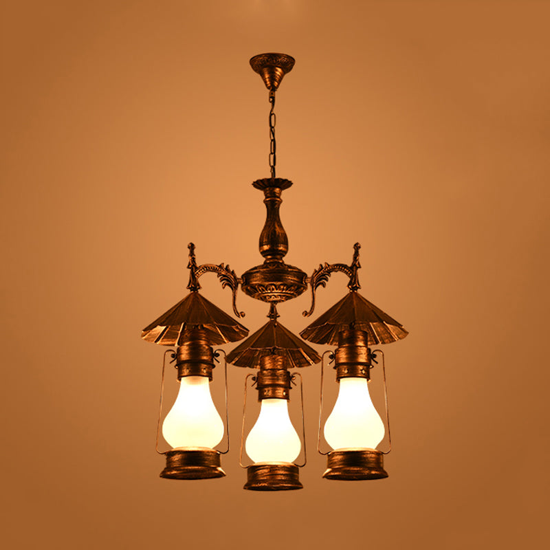 Bronze 3 Heads Pendant Chandelier Warehouse Yellow Crackle/White Glass Kerosene Hanging Ceiling Light for Restaurant Clearhalo 'Ceiling Lights' 'Chandeliers' 'Glass shade' 'Glass' 'Industrial Chandeliers' 'Industrial' 'Middle Century Chandeliers' 'Pendant Lights' 'Tiffany' Lighting' 734948