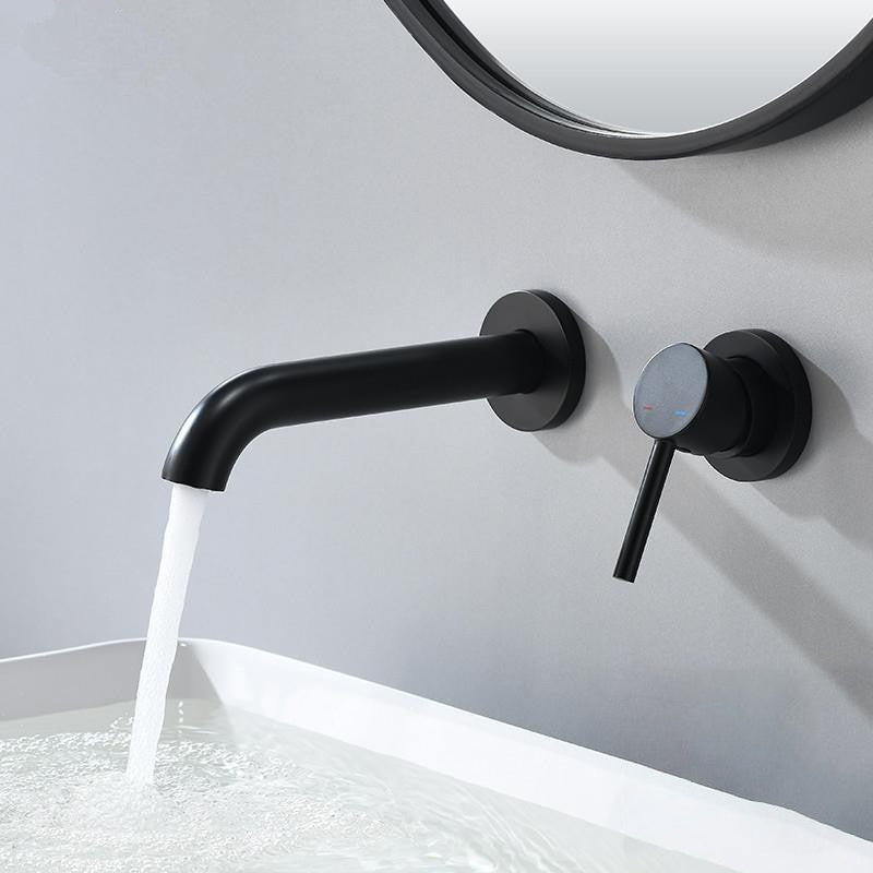 Low Arc Sink Faucet Wall Mounted 2 Holes Single Lever Handle Bathroom Sink Faucet Negro Clearhalo 'bathroom_sink_faucets' 'Conjunta de Baño y Conjunta de Grifo' 'Coronamiento de Baño y Dispositivo de Baño' 'Grifo del lavabo del baño' 'Hogar' 'home_improvement' 'home_improvement_bathroom_sink_faucets' 'Mejoras para el hogar' 7349945