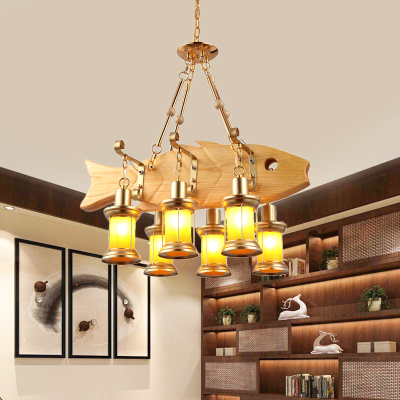 3/4 Lights Orange Glass Island Pendant Light Farm Gold Kerosene Hanging Lamp Kit with Wood Fish/Guitar Design Gold C Clearhalo 'Ceiling Lights' 'Island Lights' Lighting' 734995