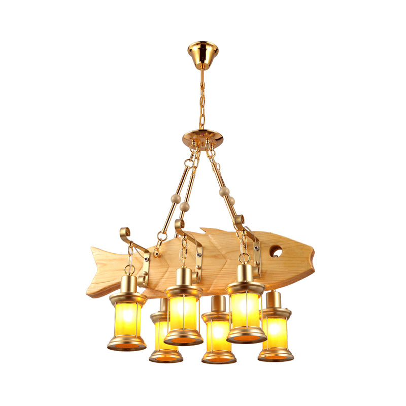 3/4 Lights Orange Glass Island Pendant Light Farm Gold Kerosene Hanging Lamp Kit with Wood Fish/Guitar Design Clearhalo 'Ceiling Lights' 'Island Lights' Lighting' 734997