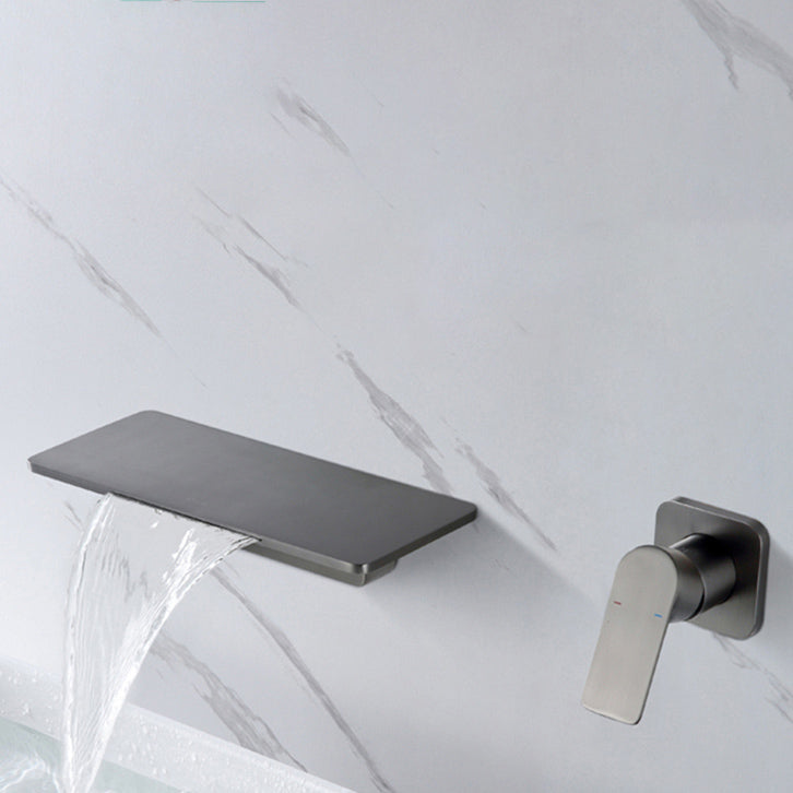 Single Lever Handle Bathroom Faucet 2 Holes Wall-Mounted Waterfall Spout Sink Faucet Clearhalo 'bathroom_sink_faucets' 'Conjuntos de Torneiras de Lavatório e Banheiro' 'home_improvement' 'home_improvement_bathroom_sink_faucets' 'Mobiliário Doméstico' 'Página inicial' 'Renovação e equipamento de casa de banho' 'Torneira para lavatório de banheiro' 7349972