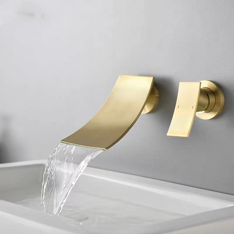 Single Lever Handle Bathroom Faucet 2 Holes Wall-Mounted Waterfall Spout Sink Faucet Ouro Lever Handles Clearhalo 'bathroom_sink_faucets' 'Conjuntos de Torneiras de Lavatório e Banheiro' 'home_improvement' 'home_improvement_bathroom_sink_faucets' 'Mobiliário Doméstico' 'Página inicial' 'Renovação e equipamento de casa de banho' 'Torneira para lavatório de banheiro' 7349973