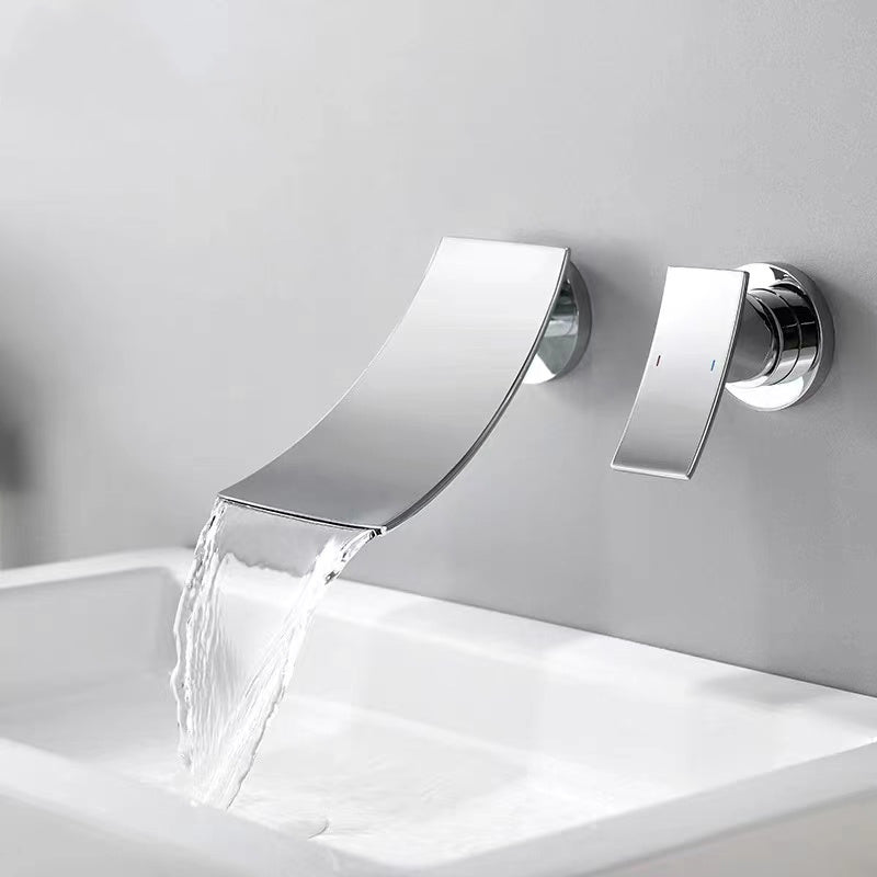 Single Lever Handle Bathroom Faucet 2 Holes Wall-Mounted Waterfall Spout Sink Faucet Prata Lever Handles Clearhalo 'bathroom_sink_faucets' 'Conjuntos de Torneiras de Lavatório e Banheiro' 'home_improvement' 'home_improvement_bathroom_sink_faucets' 'Mobiliário Doméstico' 'Página inicial' 'Renovação e equipamento de casa de banho' 'Torneira para lavatório de banheiro' 7349974