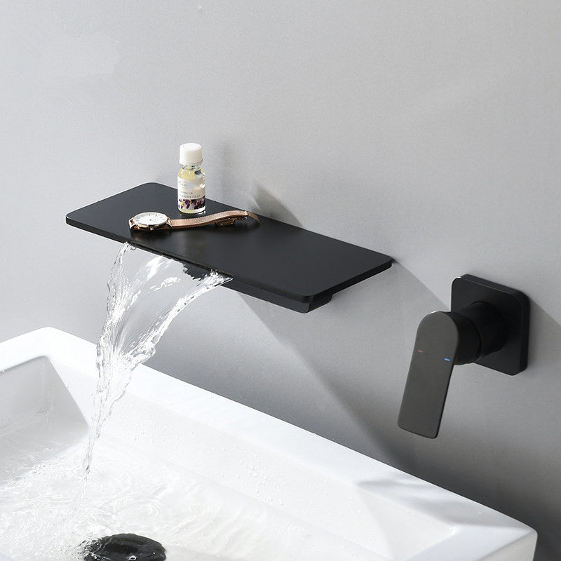 Single Lever Handle Bathroom Faucet 2 Holes Wall-Mounted Waterfall Spout Sink Faucet Clearhalo 'bathroom_sink_faucets' 'Conjuntos de Torneiras de Lavatório e Banheiro' 'home_improvement' 'home_improvement_bathroom_sink_faucets' 'Mobiliário Doméstico' 'Página inicial' 'Renovação e equipamento de casa de banho' 'Torneira para lavatório de banheiro' 7349976