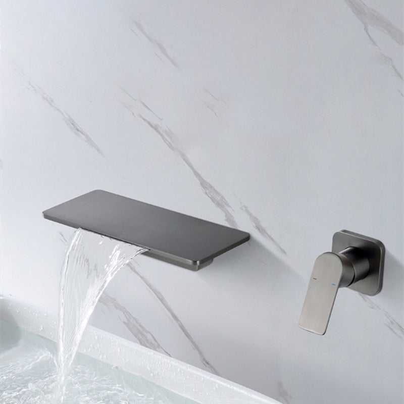 Single Lever Handle Bathroom Faucet 2 Holes Wall-Mounted Waterfall Spout Sink Faucet Cinzento Lever Handles Clearhalo 'bathroom_sink_faucets' 'Conjuntos de Torneiras de Lavatório e Banheiro' 'home_improvement' 'home_improvement_bathroom_sink_faucets' 'Mobiliário Doméstico' 'Página inicial' 'Renovação e equipamento de casa de banho' 'Torneira para lavatório de banheiro' 7349978