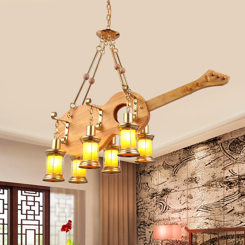 3/4 Lights Orange Glass Island Pendant Light Farm Gold Kerosene Hanging Lamp Kit with Wood Fish/Guitar Design Gold D Clearhalo 'Ceiling Lights' 'Island Lights' Lighting' 734999