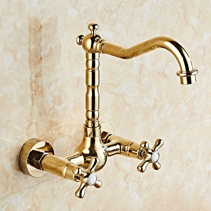 Industrial Wall Mounted Bathroom Faucet Cross Handles Lavatory Faucet Ouro 9.8" Clearhalo 'bathroom_sink_faucets' 'Conjuntos de Torneiras de Lavatório e Banheiro' 'home_improvement' 'home_improvement_bathroom_sink_faucets' 'Mobiliário Doméstico' 'Página inicial' 'Renovação e equipamento de casa de banho' 'Torneira para lavatório de banheiro' 7349994