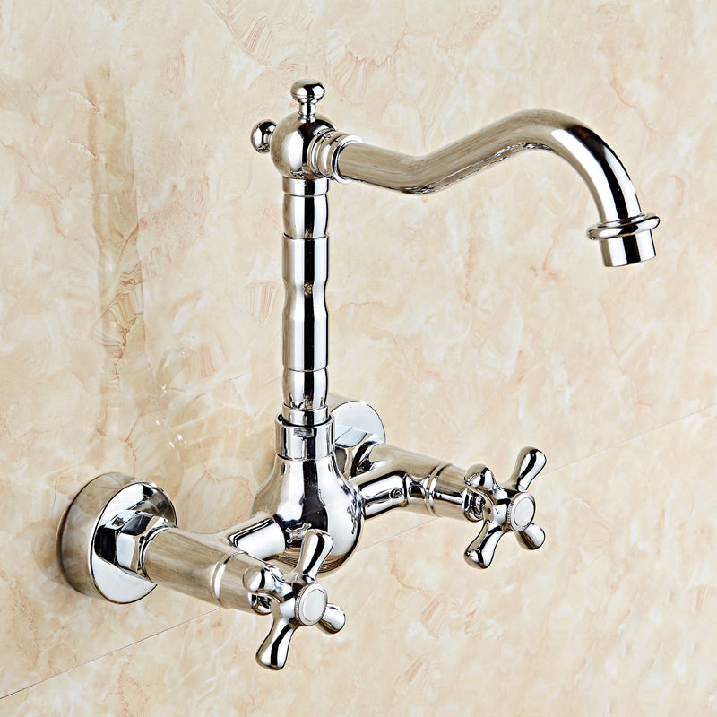 Industrial Wall Mounted Bathroom Faucet Cross Handles Lavatory Faucet Prata 9.8" Clearhalo 'bathroom_sink_faucets' 'Conjuntos de Torneiras de Lavatório e Banheiro' 'home_improvement' 'home_improvement_bathroom_sink_faucets' 'Mobiliário Doméstico' 'Página inicial' 'Renovação e equipamento de casa de banho' 'Torneira para lavatório de banheiro' 7349998