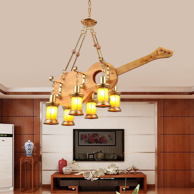 3/4 Lights Orange Glass Island Pendant Light Farm Gold Kerosene Hanging Lamp Kit with Wood Fish/Guitar Design Clearhalo 'Ceiling Lights' 'Island Lights' Lighting' 735000