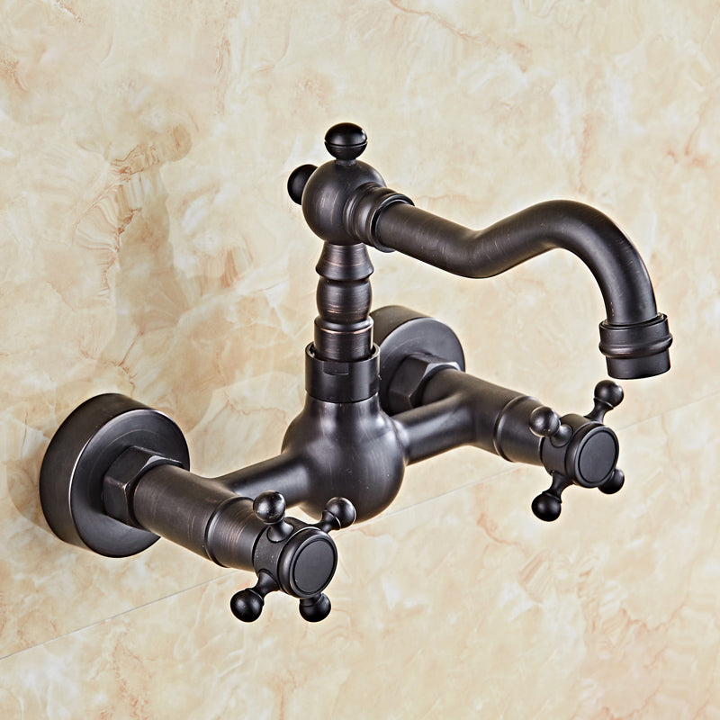 Industrial Wall Mounted Bathroom Faucet Cross Handles Lavatory Faucet Preto 7.1" Clearhalo 'bathroom_sink_faucets' 'Conjuntos de Torneiras de Lavatório e Banheiro' 'home_improvement' 'home_improvement_bathroom_sink_faucets' 'Mobiliário Doméstico' 'Página inicial' 'Renovação e equipamento de casa de banho' 'Torneira para lavatório de banheiro' 7350001