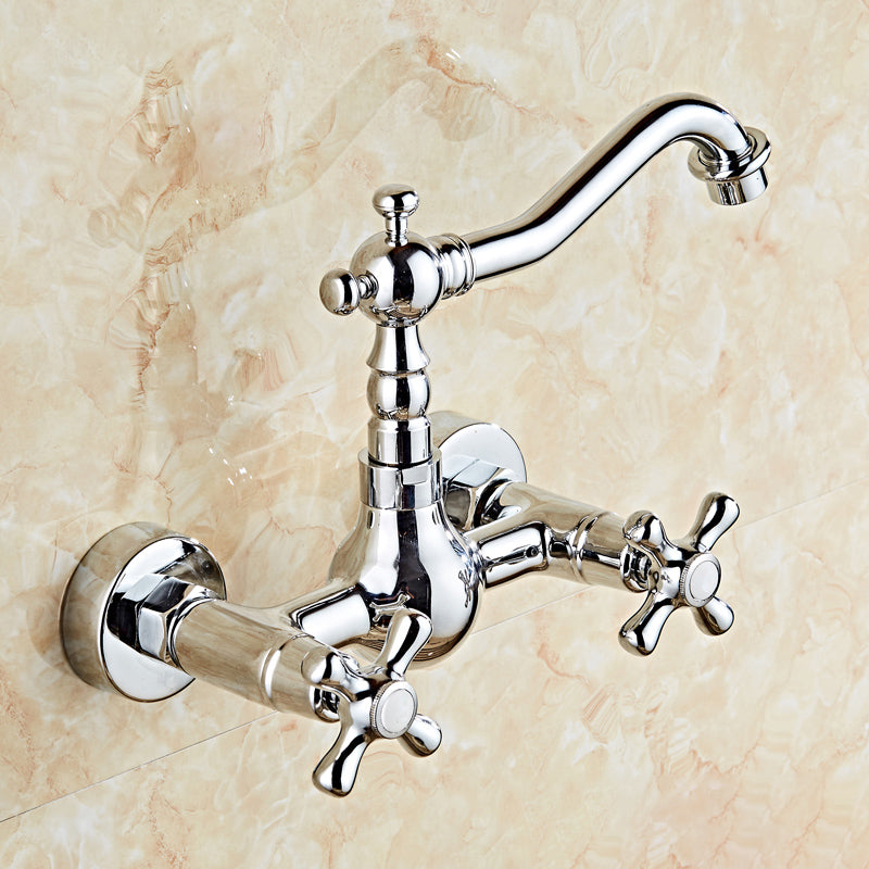 Industrial Wall Mounted Bathroom Faucet Cross Handles Lavatory Faucet Prata 7.1" Clearhalo 'bathroom_sink_faucets' 'Conjuntos de Torneiras de Lavatório e Banheiro' 'home_improvement' 'home_improvement_bathroom_sink_faucets' 'Mobiliário Doméstico' 'Página inicial' 'Renovação e equipamento de casa de banho' 'Torneira para lavatório de banheiro' 7350003