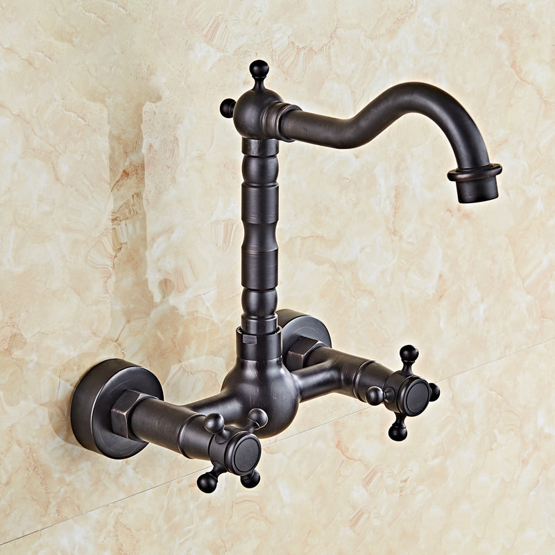 Industrial Wall Mounted Bathroom Faucet Cross Handles Lavatory Faucet Preto 9.8" Clearhalo 'bathroom_sink_faucets' 'Conjuntos de Torneiras de Lavatório e Banheiro' 'home_improvement' 'home_improvement_bathroom_sink_faucets' 'Mobiliário Doméstico' 'Página inicial' 'Renovação e equipamento de casa de banho' 'Torneira para lavatório de banheiro' 7350005