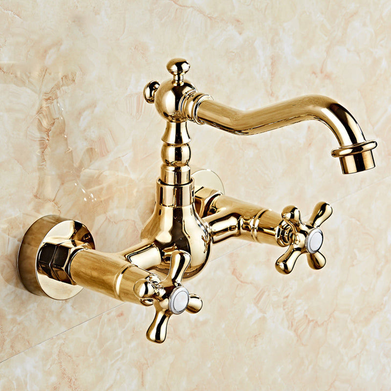 Industrial Wall Mounted Bathroom Faucet Cross Handles Lavatory Faucet Ouro 7.1" Clearhalo 'bathroom_sink_faucets' 'Conjuntos de Torneiras de Lavatório e Banheiro' 'home_improvement' 'home_improvement_bathroom_sink_faucets' 'Mobiliário Doméstico' 'Página inicial' 'Renovação e equipamento de casa de banho' 'Torneira para lavatório de banheiro' 7350007