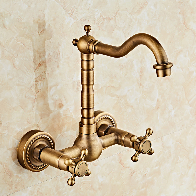 Industrial Wall Mounted Bathroom Faucet Cross Handles Lavatory Faucet Latão Antigo 9.8" Clearhalo 'bathroom_sink_faucets' 'Conjuntos de Torneiras de Lavatório e Banheiro' 'home_improvement' 'home_improvement_bathroom_sink_faucets' 'Mobiliário Doméstico' 'Página inicial' 'Renovação e equipamento de casa de banho' 'Torneira para lavatório de banheiro' 7350009