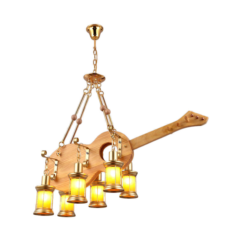 3/4 Lights Orange Glass Island Pendant Light Farm Gold Kerosene Hanging Lamp Kit with Wood Fish/Guitar Design Clearhalo 'Ceiling Lights' 'Island Lights' Lighting' 735001