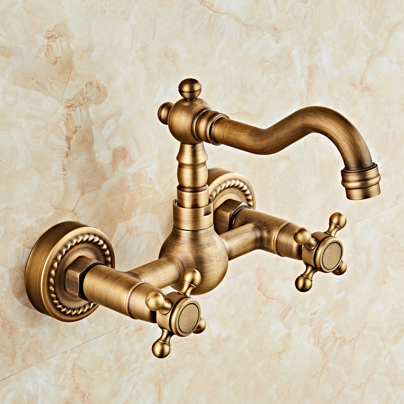 Industrial Wall Mounted Bathroom Faucet Cross Handles Lavatory Faucet Latão Antigo 7.1" Clearhalo 'bathroom_sink_faucets' 'Conjuntos de Torneiras de Lavatório e Banheiro' 'home_improvement' 'home_improvement_bathroom_sink_faucets' 'Mobiliário Doméstico' 'Página inicial' 'Renovação e equipamento de casa de banho' 'Torneira para lavatório de banheiro' 7350011