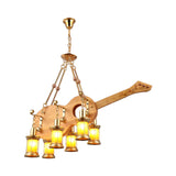 3/4 Lights Orange Glass Island Pendant Light Farm Gold Kerosene Hanging Lamp Kit with Wood Fish/Guitar Design Clearhalo 'Ceiling Lights' 'Island Lights' Lighting' 735001