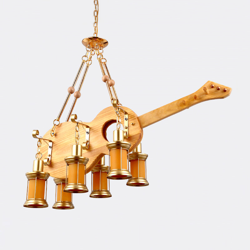 3/4 Lights Orange Glass Island Pendant Light Farm Gold Kerosene Hanging Lamp Kit with Wood Fish/Guitar Design Clearhalo 'Ceiling Lights' 'Island Lights' Lighting' 735002