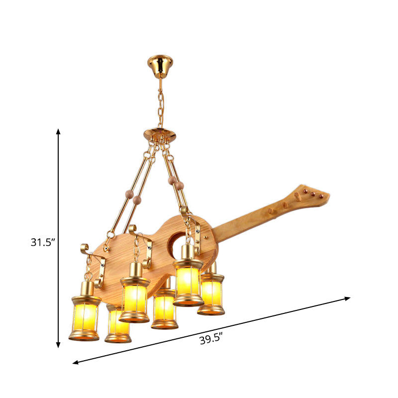 3/4 Lights Orange Glass Island Pendant Light Farm Gold Kerosene Hanging Lamp Kit with Wood Fish/Guitar Design Clearhalo 'Ceiling Lights' 'Island Lights' Lighting' 735003