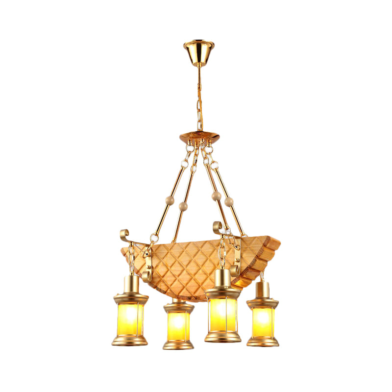 3/4 Lights Orange Glass Island Pendant Light Farm Gold Kerosene Hanging Lamp Kit with Wood Fish/Guitar Design Clearhalo 'Ceiling Lights' 'Island Lights' Lighting' 735007