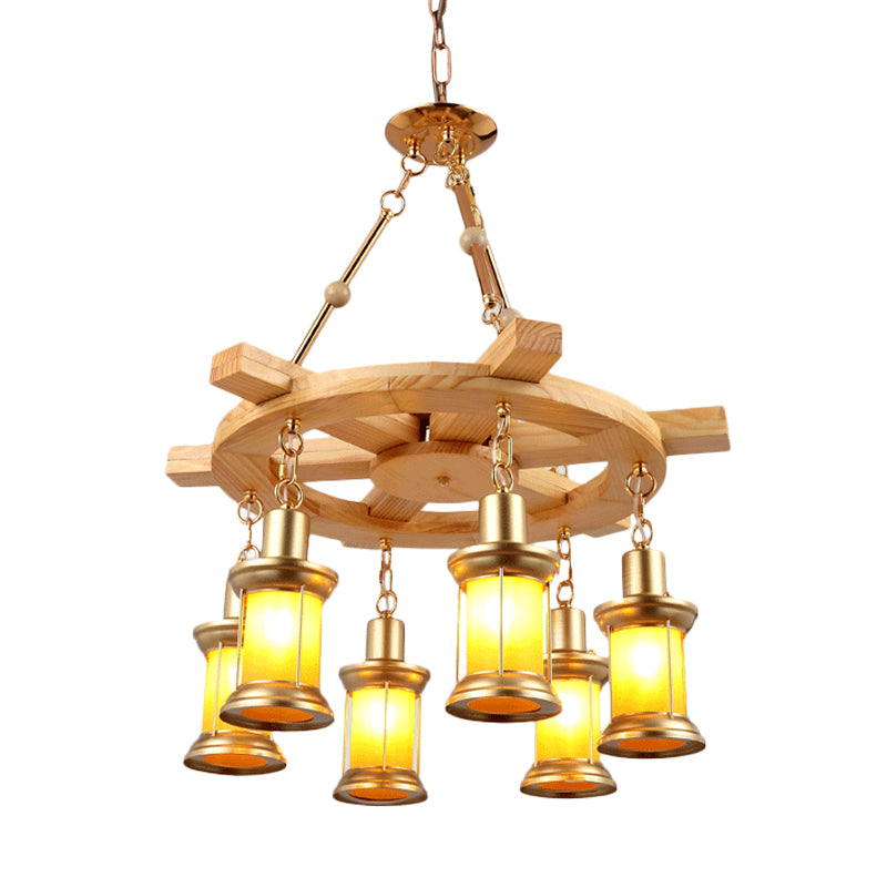 Orange Glass Gold Chandelier Lamp Lantern 6-Light Industrial Pendant Lighting Fixture with Wood Rudder Deco Clearhalo 'Ceiling Lights' 'Chandeliers' 'Glass shade' 'Glass' 'Industrial Chandeliers' 'Industrial' 'Island Lights' 'Middle Century Chandeliers' 'Tiffany' Lighting' 735016