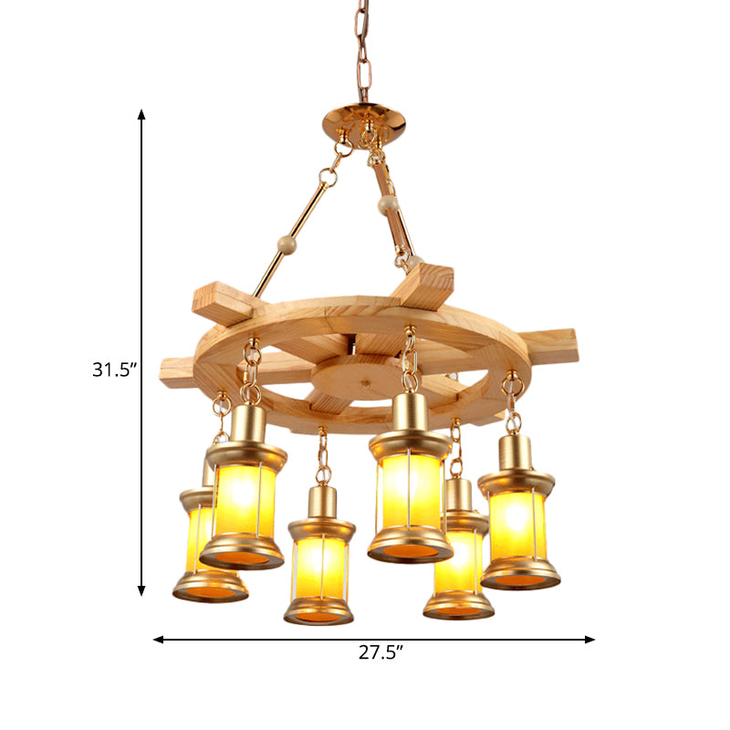 Orange Glass Gold Chandelier Lamp Lantern 6-Light Industrial Pendant Lighting Fixture with Wood Rudder Deco Clearhalo 'Ceiling Lights' 'Chandeliers' 'Glass shade' 'Glass' 'Industrial Chandeliers' 'Industrial' 'Island Lights' 'Middle Century Chandeliers' 'Tiffany' Lighting' 735017