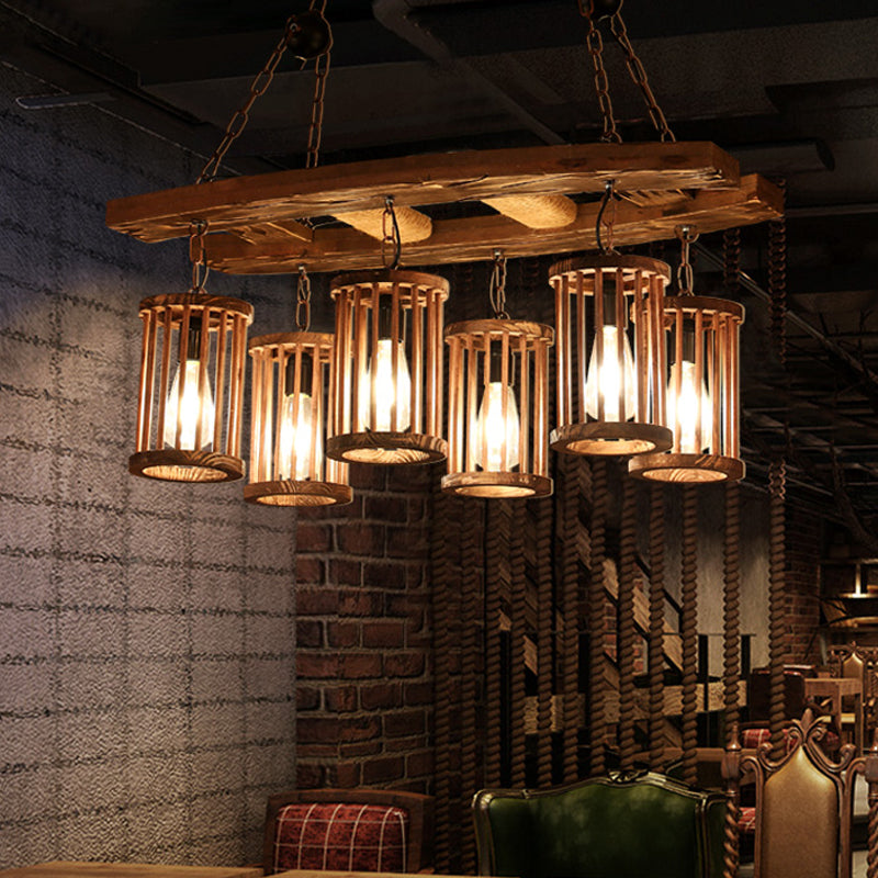 Factory Cylinder Hanging Island Light 6-Light Wood Pendant Chandelier with Ladder Deco Wood Clearhalo 'Ceiling Lights' 'Island Lights' Lighting' 735018