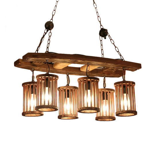 Factory Cylinder Hanging Island Light 6-Light Wood Pendant Chandelier with Ladder Deco Clearhalo 'Ceiling Lights' 'Island Lights' Lighting' 735020