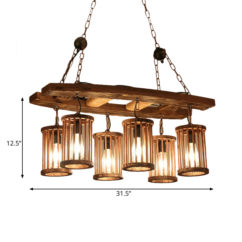 Factory Cylinder Hanging Island Light 6-Light Wood Pendant Chandelier with Ladder Deco Clearhalo 'Ceiling Lights' 'Island Lights' Lighting' 735021