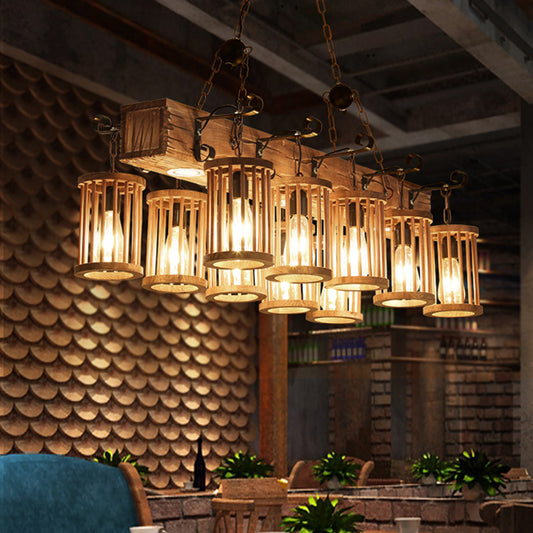 Cylinder Wood Island Ceiling Light Farmhouse 10 Heads Restaurant Hanging Lamp with Linear Beam Wood Clearhalo 'Ceiling Lights' 'Island Lights' Lighting' 735022