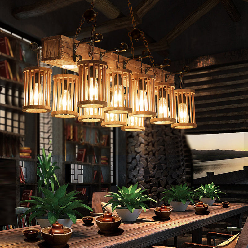 Cylinder Wood Island Ceiling Light Farmhouse 10 Heads Restaurant Hanging Lamp with Linear Beam Clearhalo 'Ceiling Lights' 'Island Lights' Lighting' 735023