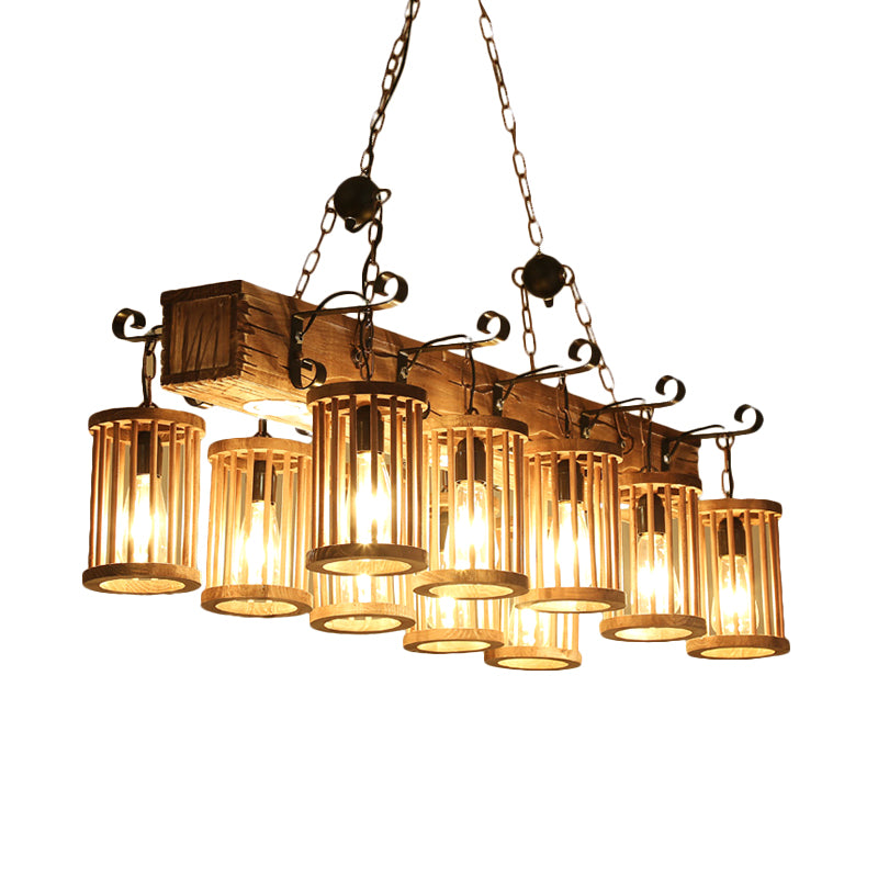 Cylinder Wood Island Ceiling Light Farmhouse 10 Heads Restaurant Hanging Lamp with Linear Beam Clearhalo 'Ceiling Lights' 'Island Lights' Lighting' 735024