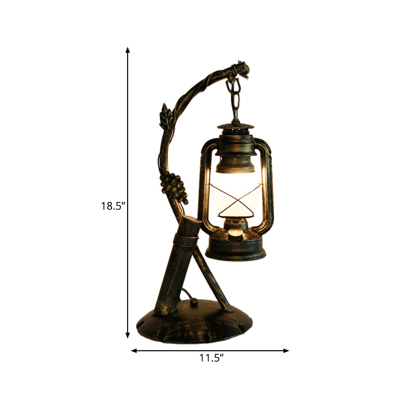 Opal Glass Lantern Table Lamp Vintage 1 Head Bedroom Desk Light in Brass with Metal Angled Arm Clearhalo 'Lamps' 'Table Lamps' Lighting' 735041