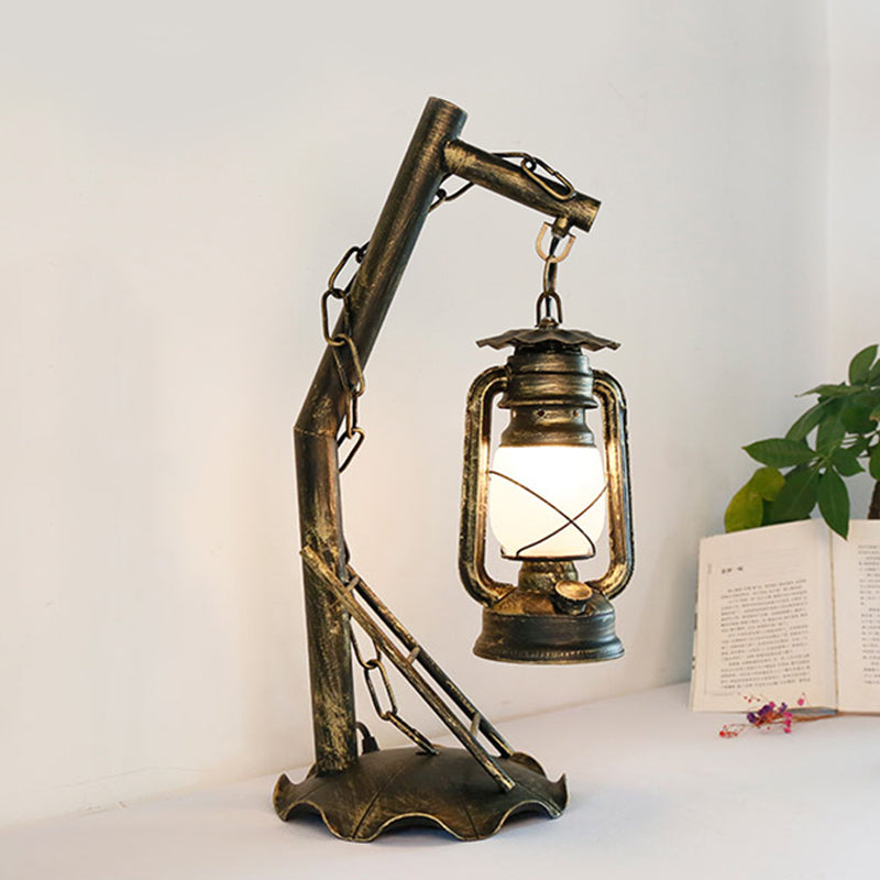 Opal Glass Lantern Table Lamp Vintage 1 Head Bedroom Desk Light in Brass with Metal Angled Arm Clearhalo 'Lamps' 'Table Lamps' Lighting' 735043