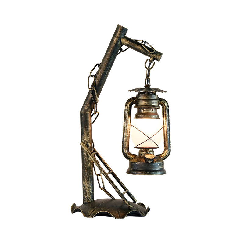 Opal Glass Lantern Table Lamp Vintage 1 Head Bedroom Desk Light in Brass with Metal Angled Arm Clearhalo 'Lamps' 'Table Lamps' Lighting' 735044