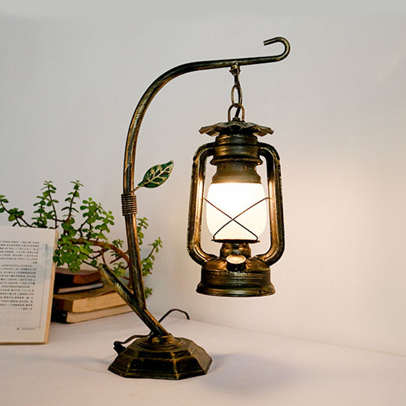 Brass/Copper Kerosene Table Light Warehouse Opal Glass 1 Light Bedroom Desk Lighting with Metal Base Brass Clearhalo 'Lamps' 'Table Lamps' Lighting' 735059